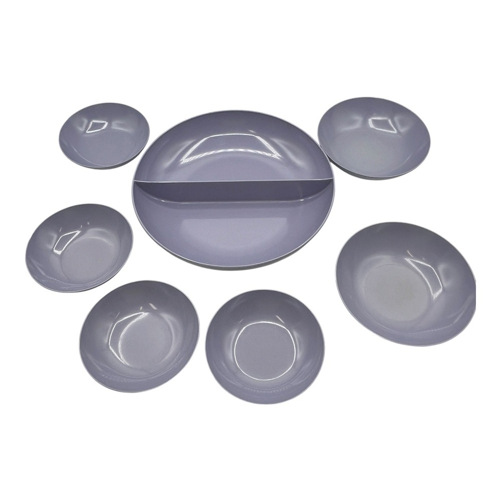 Vtg. Royalon Melmac Lavender Purple 7pc‎ Set 1 Divided 4 Berry 4 Cereal  Bowls